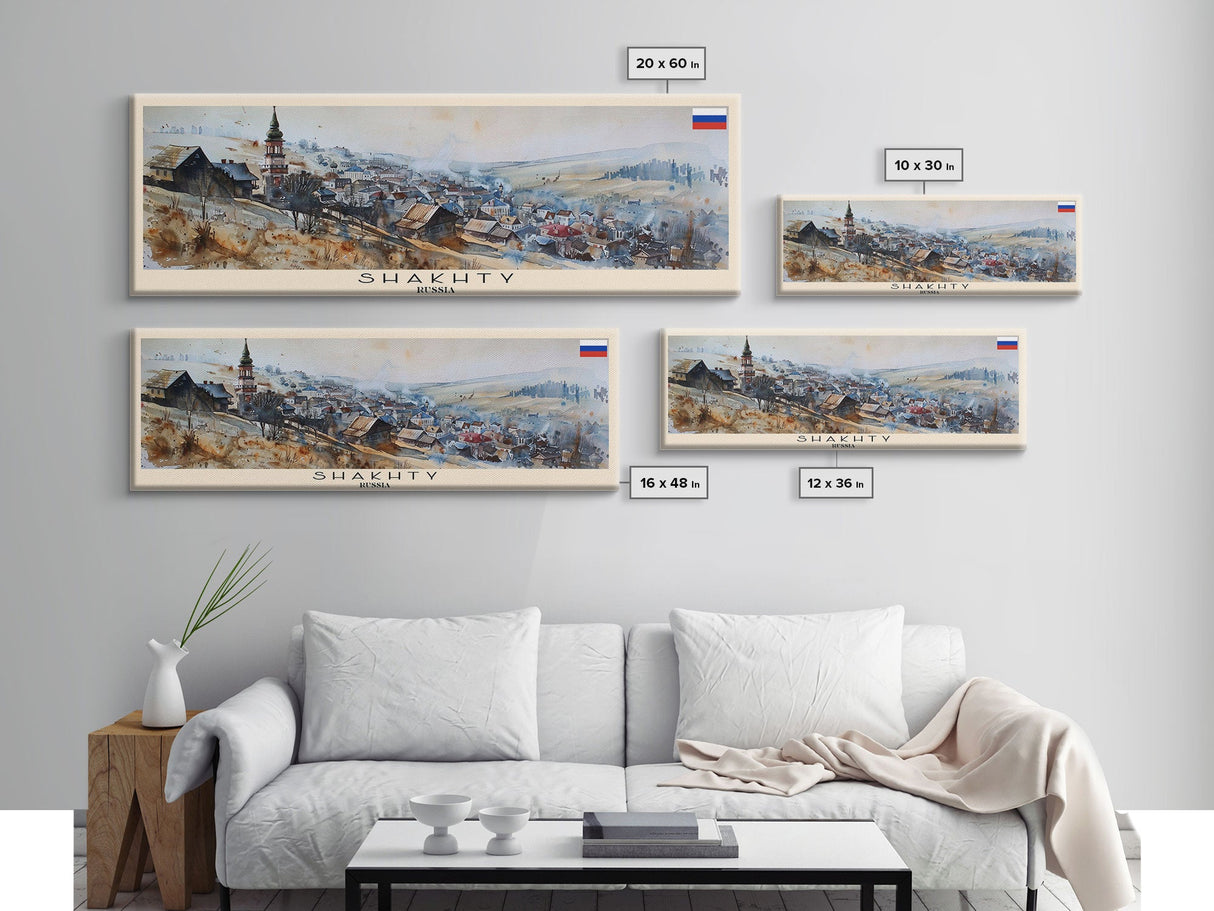 Shakhty Russia Panoramic Travel Poster, Framed Canvas Print or Metal Wall Art, Travel Art, Home Decor, Panoramic Painting, Midcentury Art