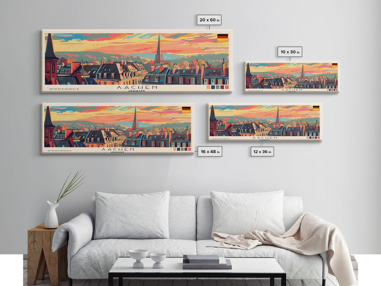 Aachen Germany  Panoramic Travel Poster, Framed Canvas Print or Metal Wall Art, Travel Art, Home Decor, Panoramic Painting, Midcentury Art