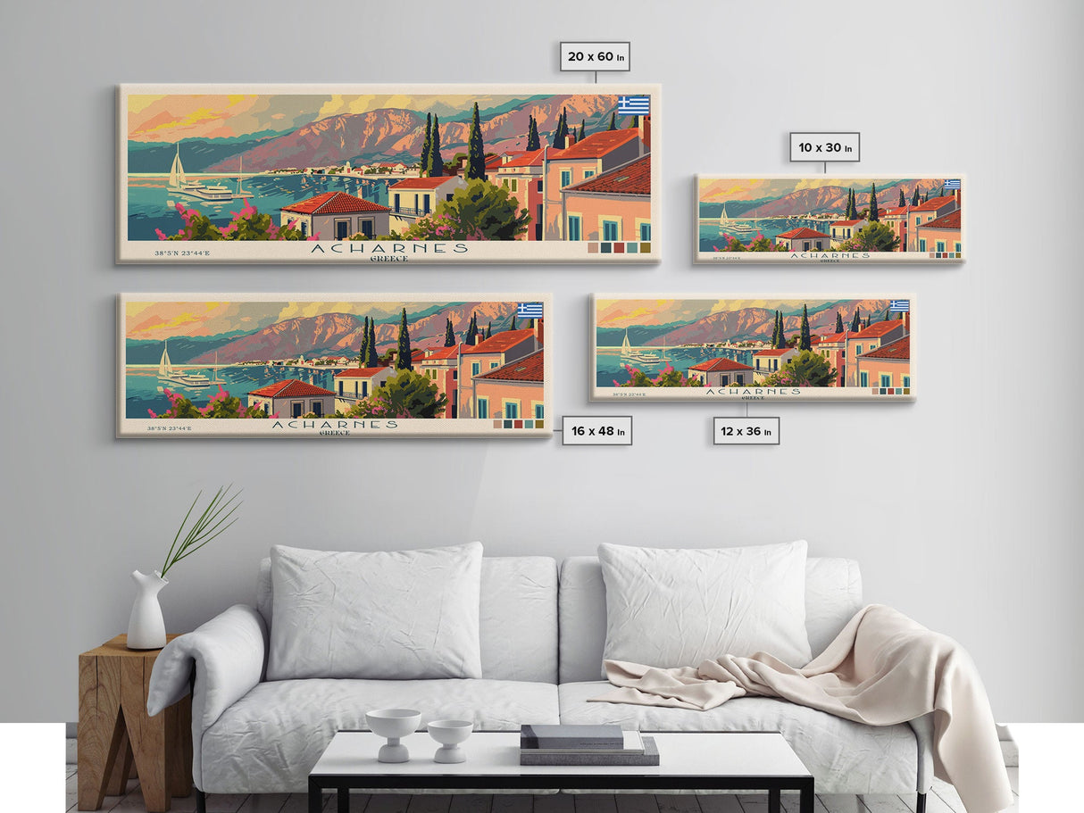 Acharnes Greece Travel Print Wall Art, Panoramic City Art, Travel Art, Wall Decor, Vacation Gift, Framed Canvas Print Or Metal Art