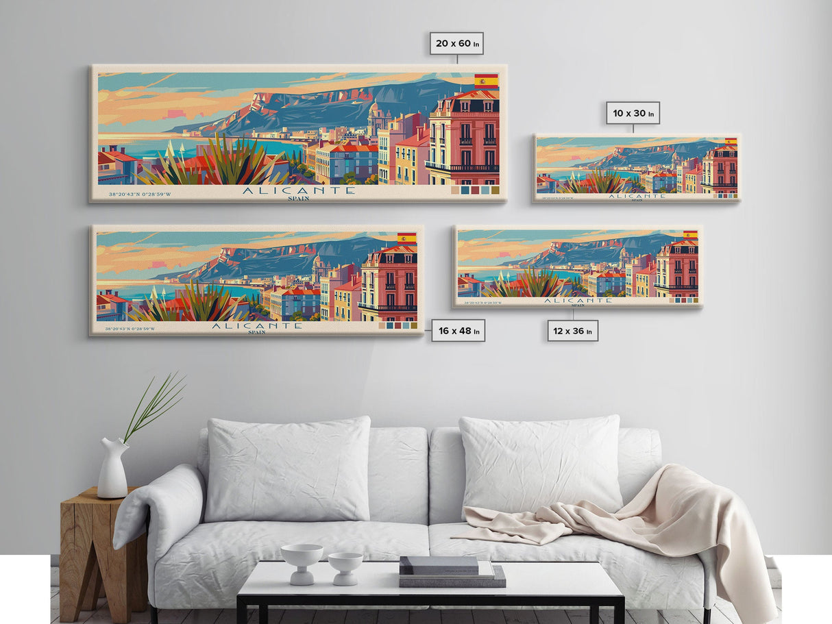 Alicante Spain Travel Print Wall Art, Panoramic City Art, Travel Art, Wall Decor, Vacation Gift, Framed Canvas Print Or Metal Art