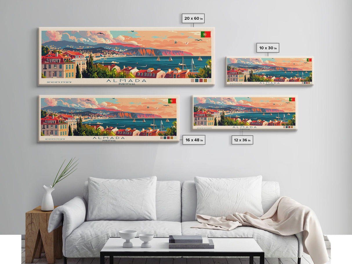 Almada  Portugal Travel Art, City Art, Framed Canvas Print or Metal Wall Art, Europe Travel Poster, Panoramic Wall Art, Extra Wide Wall Art