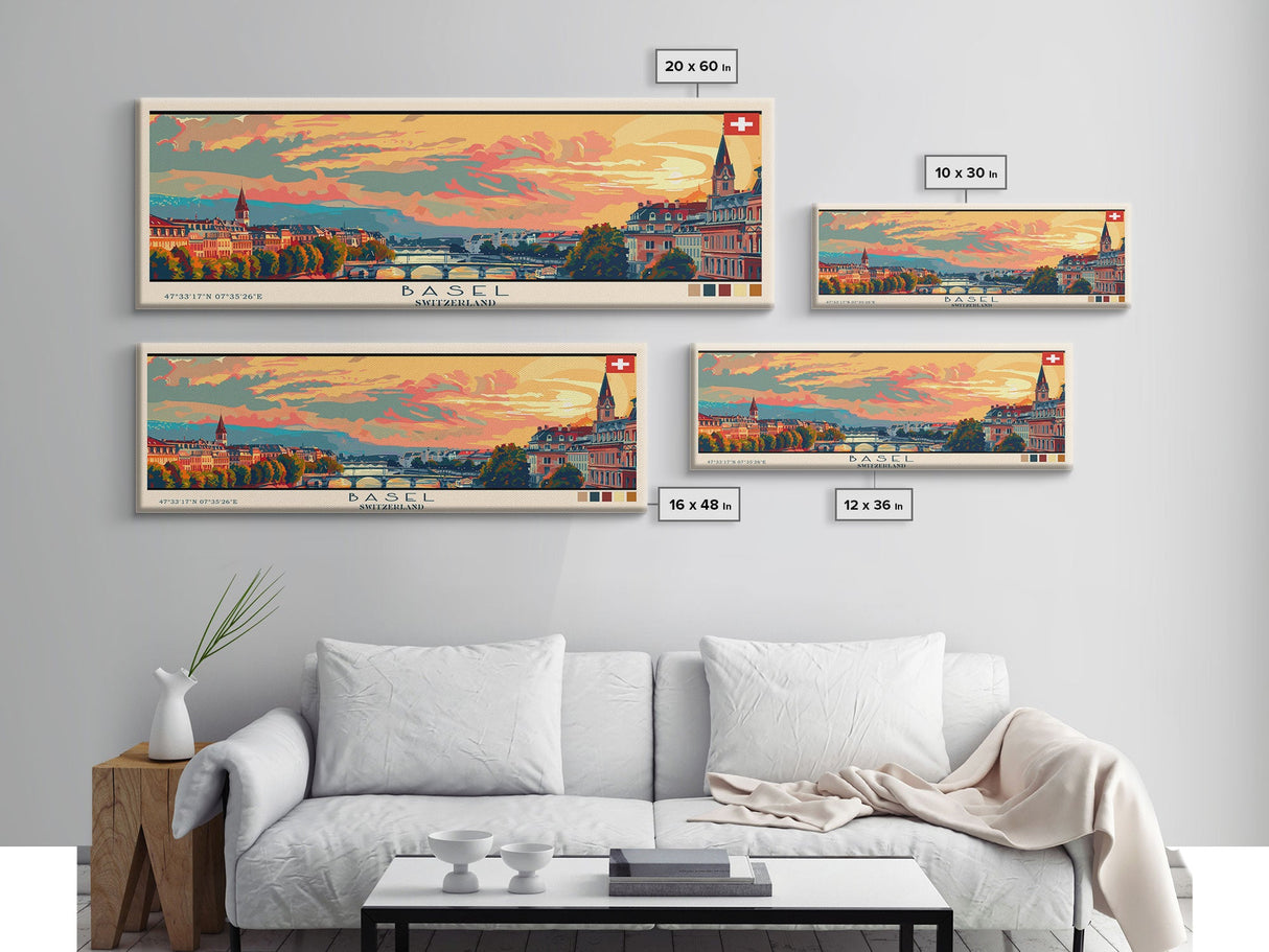 Basel SwitzerlandTravel Art, City Art, Framed Canvas Print or Metal Wall Art, Europe Travel Poster, Panoramic Wall Art, Extra Wide Wall Art