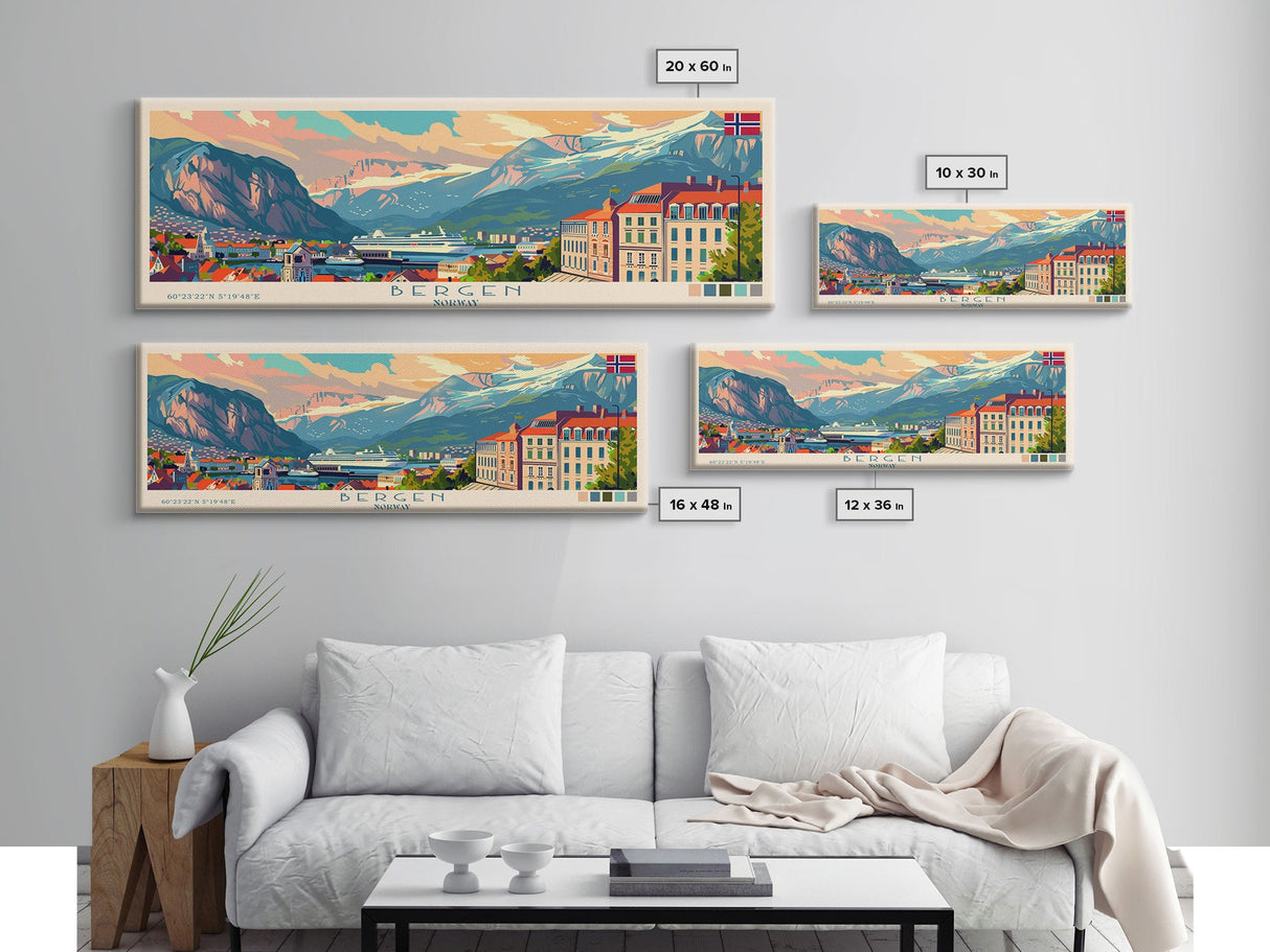 Bergen Norway Wall Art, Panoramic Travel Poster, Panoramic Framed Canvas Print, City Wall Art, Wall Hanging Home Decor, Travel Art