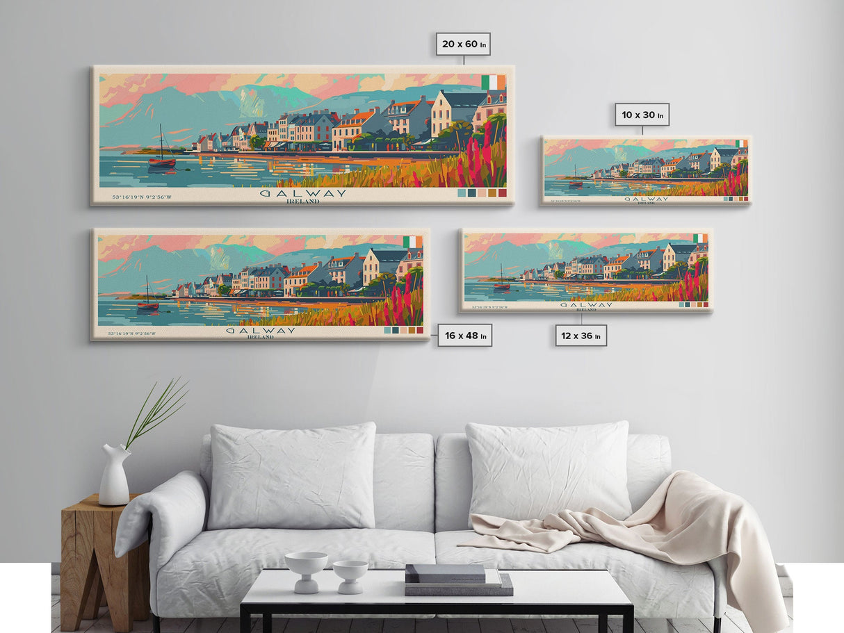 Galway Ireland Panoramic Travel Poster, Framed Canvas Print or Metal Wall Art, Travel Art, Home Decor, Panoramic Painting, Midcentury Art