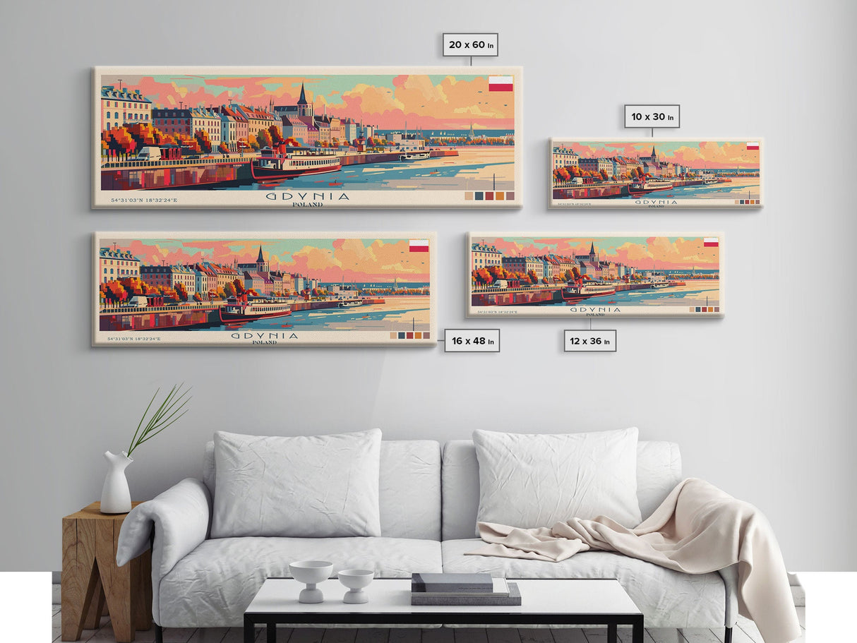 Gdynia Poland Travel Art, City Art, Framed Canvas Print or Metal Wall Art, Europe Travel Poster, Panoramic Wall Art, Extra Wide Wall Art