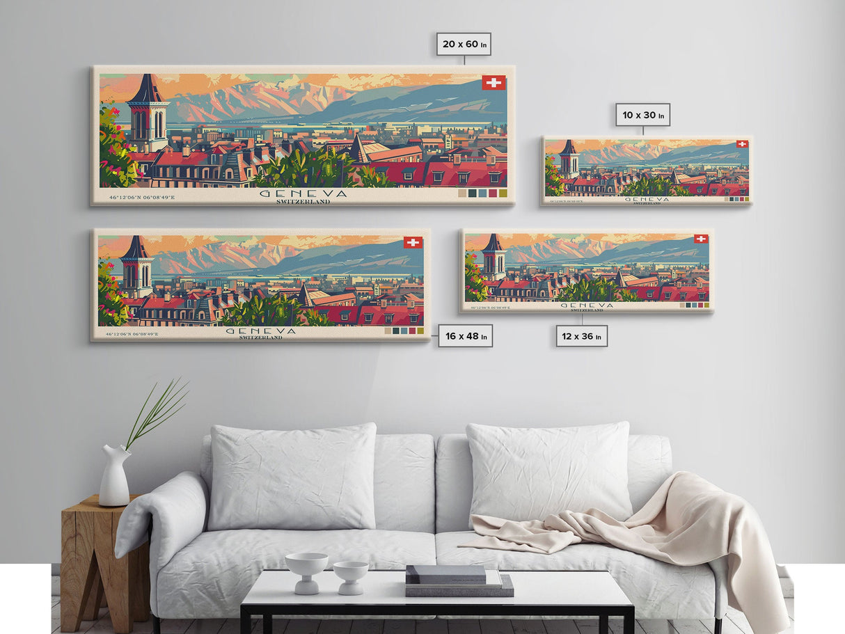 Geneva Switzerland Wall Art, Panoramic Travel Poster, Panoramic Framed Canvas Print, City Wall Art, Wall Hanging Home Decor, Travel Art