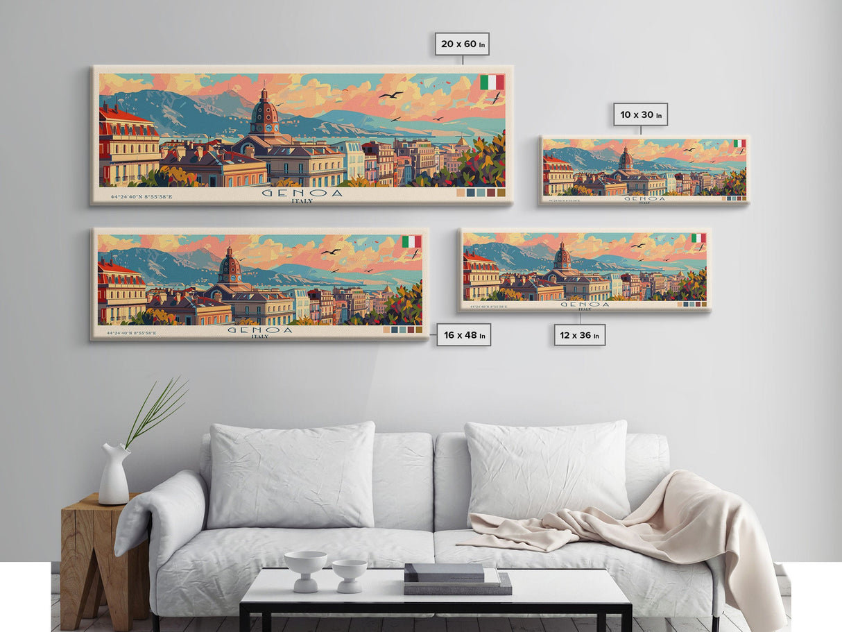 Genoa Italy Travel Art, City Art, Framed Canvas Print or Metal Wall Art, Europe Travel Poster, Panoramic Wall Art, Extra Wide Wall Art