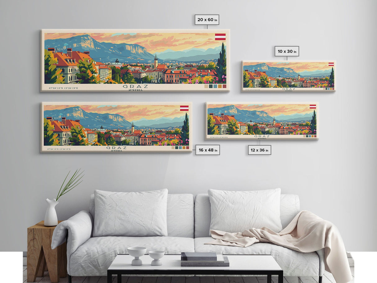 Graz Austria Wall Art, Panoramic Travel Poster, Panoramic Framed Canvas Print, City Wall Art, Wall Hanging Home Decor, Travel Art