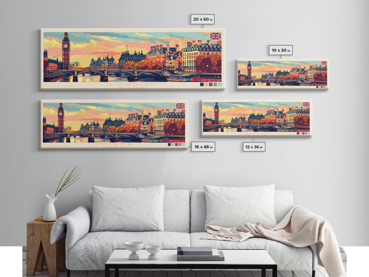 London United Kingdom Panoramic Travel Poster, Framed Canvas Print or Metal Wall Art, Travel Art, Home Decor, Panoramic Painting, Midcentury Art