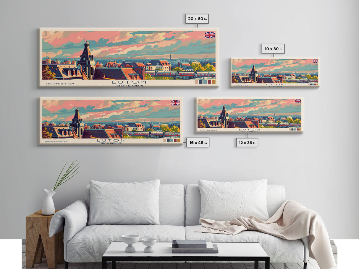 Luton United Kingdom Travel Art, City Art, Framed Canvas Print or Metal Wall Art, Europe Travel Poster, Panoramic Wall Art, Extra Wide Wall Art