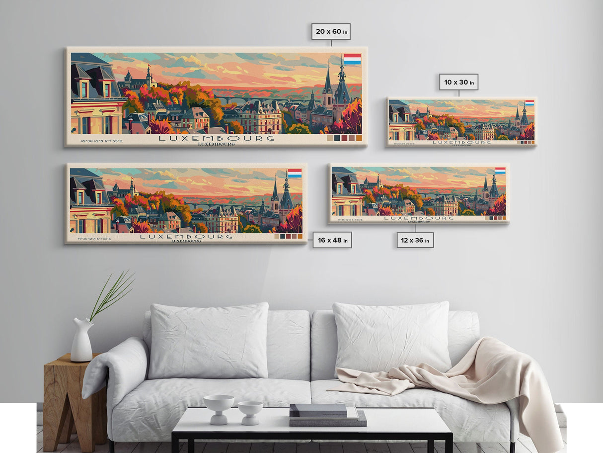 Luxembourg Luxembourg Panoramic Travel Poster, Framed Canvas Print or Metal Wall Art, Travel Art, Home Decor, Panoramic Painting, Midcentury Art