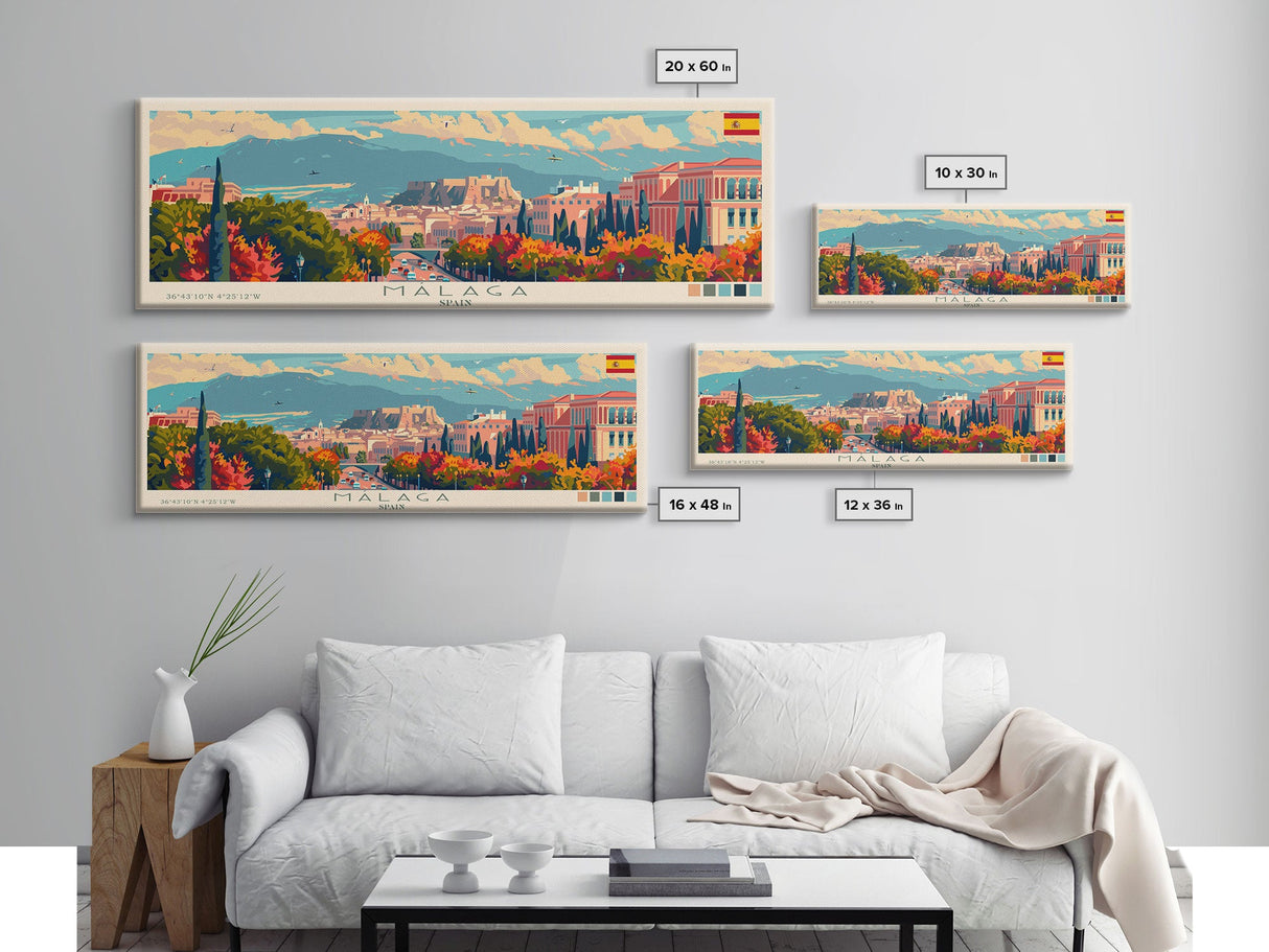 Malaga Spain Wall Art, Panoramic Travel Poster, Panoramic Framed Canvas Print, City Wall Art, Wall Hanging Home Decor, Travel Art