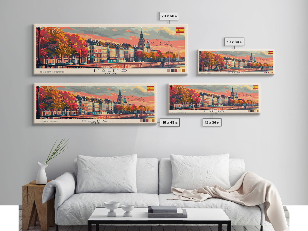 Malmo Sweden Travel Art, City Art, Framed Canvas Print or Metal Wall Art, Europe Travel Poster, Panoramic Wall Art, Extra Wide Wall Art