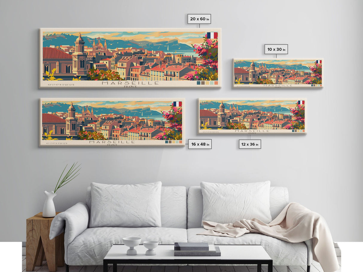 Marseille France Travel Print Wall Art, Panoramic City Art, Travel Art, Wall Decor, Vacation Gift, Framed Canvas Print Or Metal Art