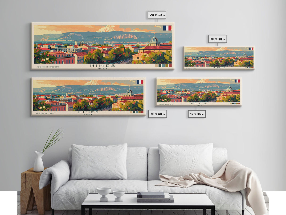 Nimes France Travel Art, City Art, Framed Canvas Print or Metal Wall Art, Europe Travel Poster, Panoramic Wall Art, Extra Wide Wall Art