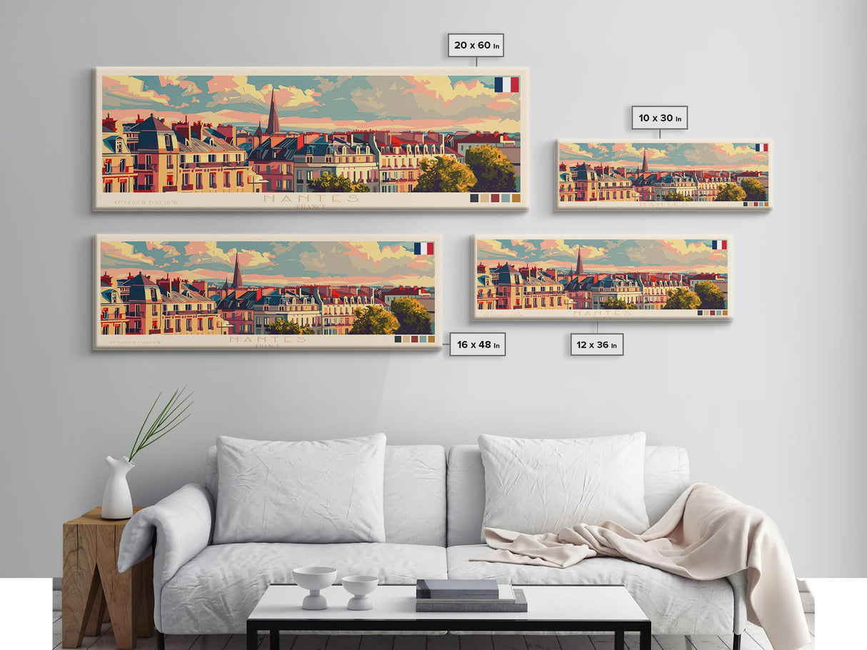 Nantes France Travel Print Wall Art, Panoramic City Art, Travel Art, Wall Decor, Vacation Gift, Framed Canvas Print Or Metal Art