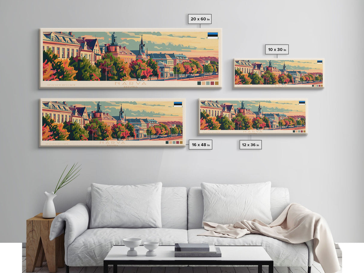 Narva Estonia Panoramic Travel Poster, Framed Canvas Print or Metal Wall Art, Travel Art, Home Decor, Panoramic Painting, Midcentury Art