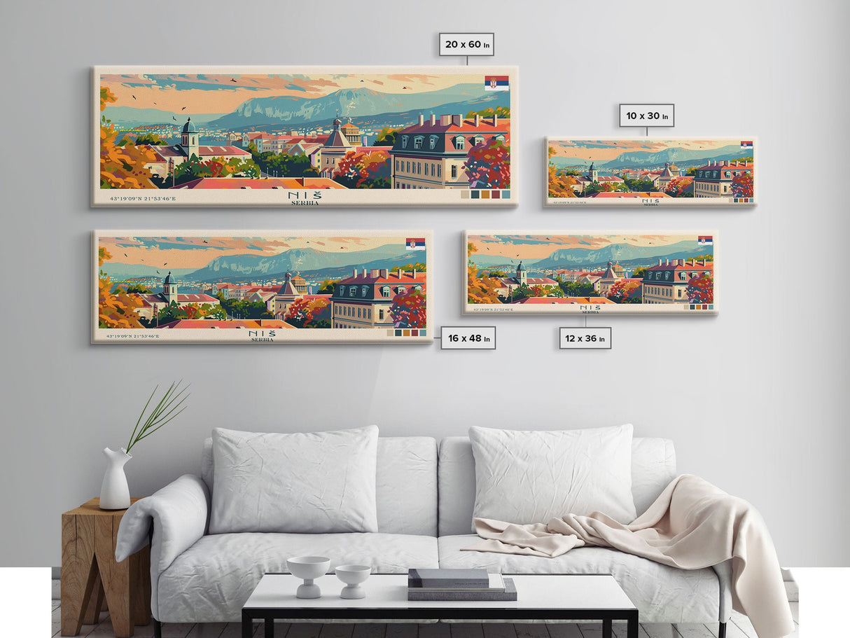 Niš Serbia Panoramic Travel Poster, Framed Canvas Print or Metal Wall Art, Travel Art, Home Decor, Panoramic Painting, Midcentury Art