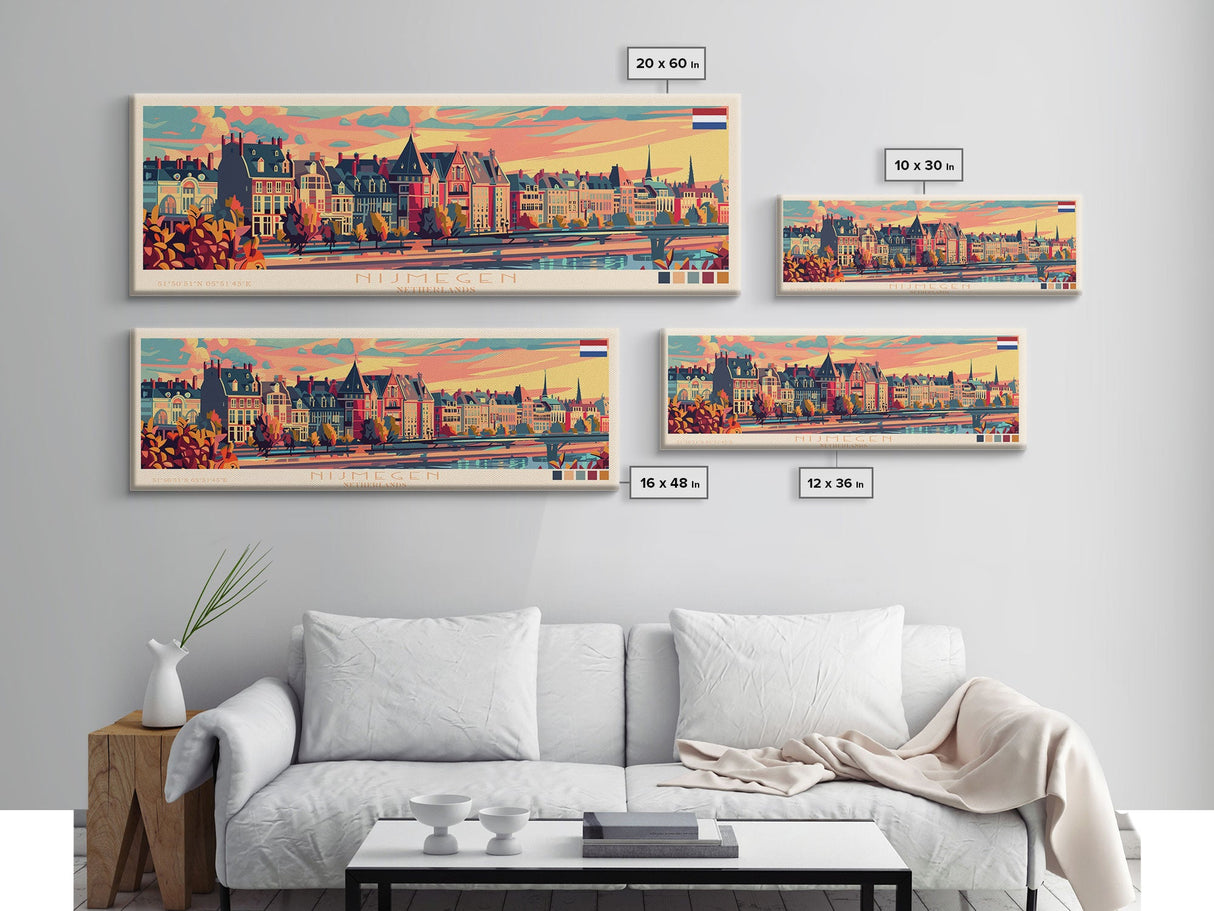 Nijmegen Netherlands Panoramic Travel Poster, Framed Canvas Print or Metal Wall Art, Travel Art, Home Decor, Panoramic Painting, Midcentury Art