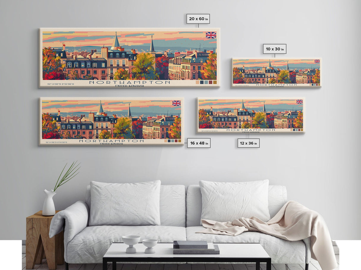 Northampton United Kingdom Travel Art, City Art, Framed Canvas Print or Metal Wall Art, Europe Travel Poster, Panoramic Wall Art, Extra Wide Wall Art