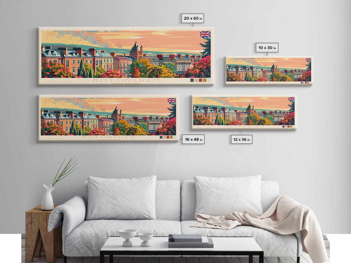 Nottingham United Kingdom Wall Art, Panoramic Travel Poster, Panoramic Framed Canvas Print, City Wall Art, Wall Hanging Home Decor, Travel Art