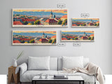 Pécs Hungary Panoramic Travel Poster, Framed Canvas Print or Metal Wall Art, Travel Art, Home Decor, Panoramic Painting, Midcentury Art