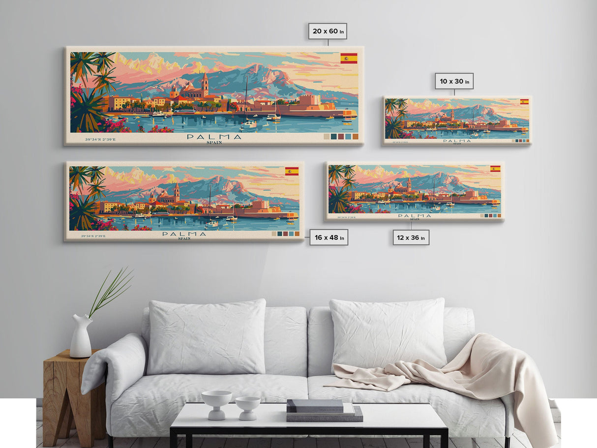 Palma Spain Travel Art, City Art, Framed Canvas Print or Metal Wall Art, Europe Travel Poster, Panoramic Wall Art, Extra Wide Wall Art