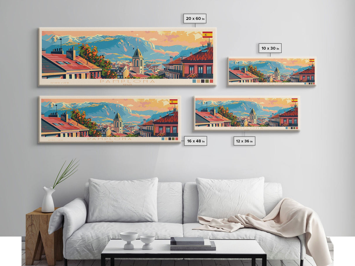 Pamplona Spain Panoramic Travel Poster, Framed Canvas Print or Metal Wall Art, Travel Art, Home Decor, Panoramic Painting, Midcentury Art