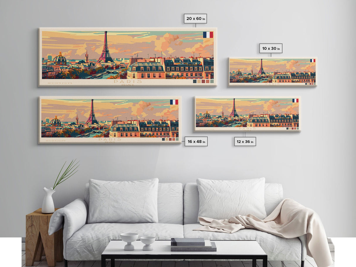 Paris France Panoramic Travel Poster, Framed Canvas Print or Metal Wall Art, Travel Art, Home Decor, Panoramic Painting, Midcentury Art