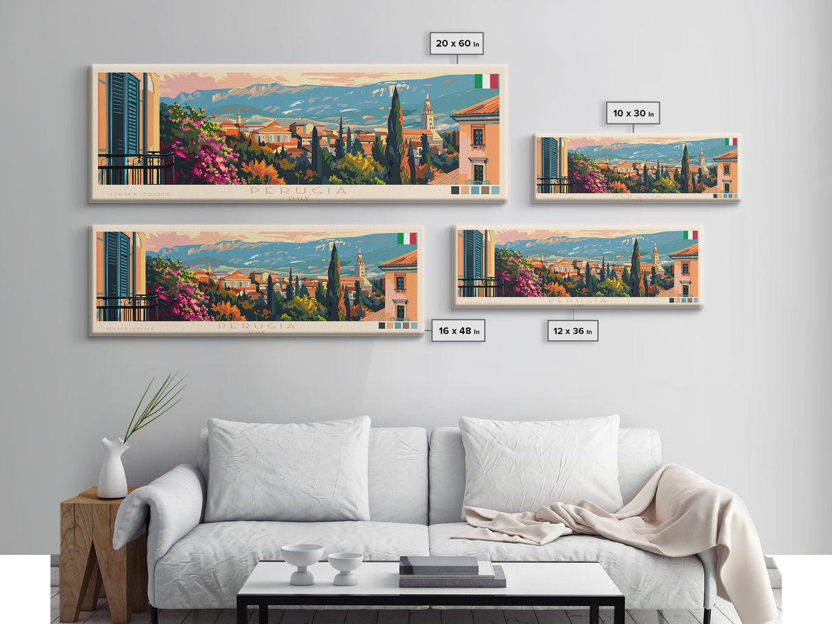 Perugia Italy Panoramic Travel Poster, Framed Canvas Print or Metal Wall Art, Travel Art, Home Decor, Panoramic Painting, Midcentury Art