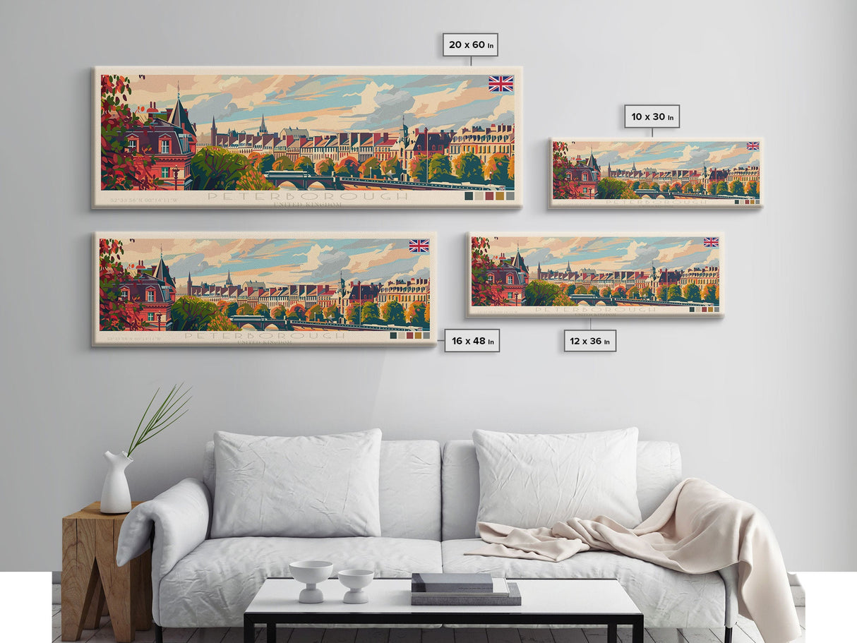 Peterborough United Kingdom Wall Art, Panoramic Travel Poster, Panoramic Framed Canvas Print, City Wall Art, Wall Hanging Home Decor, Travel Art