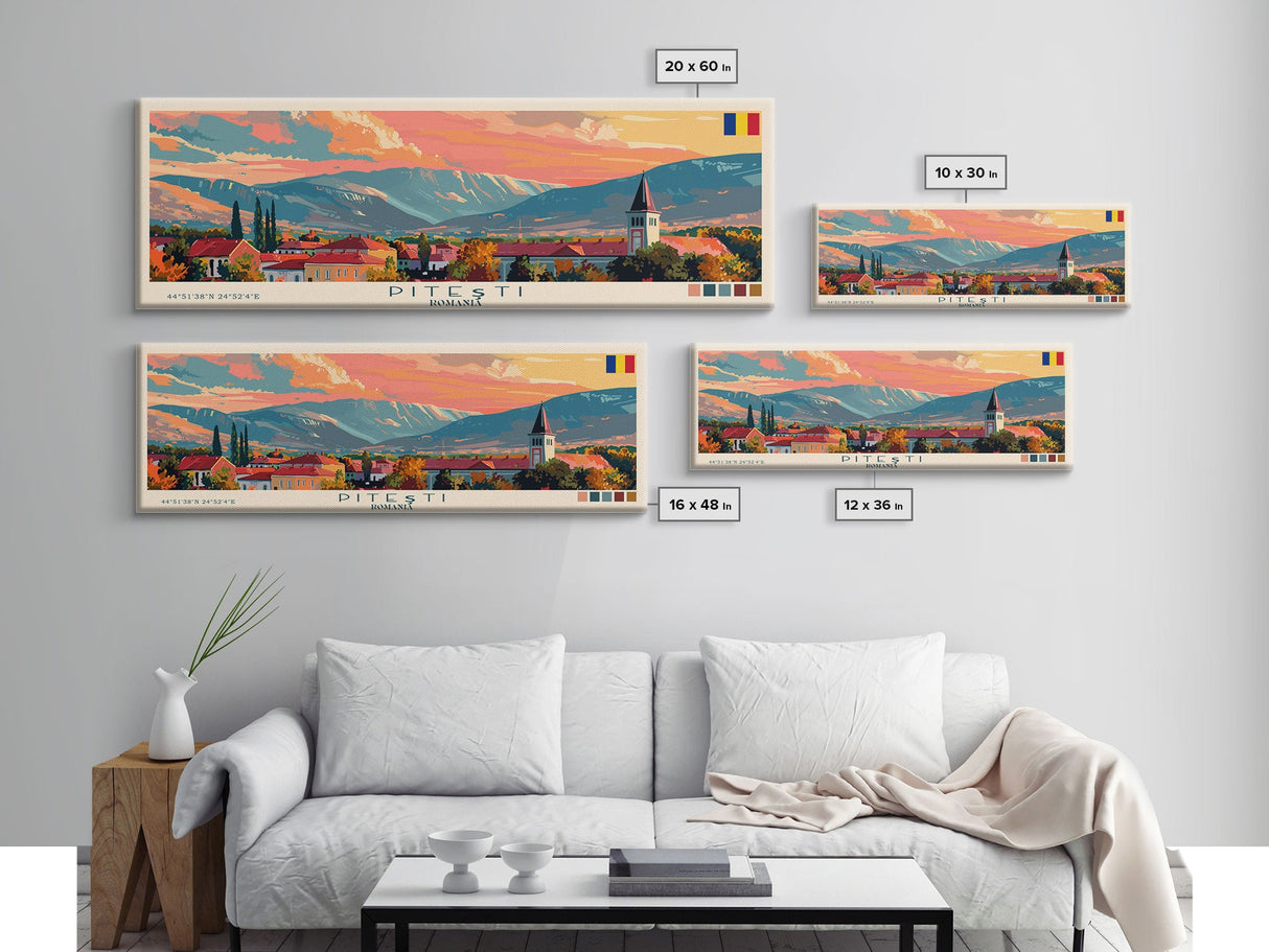 Piteti Romania Panoramic Travel Poster, Framed Canvas Print or Metal Wall Art, Travel Art, Home Decor, Panoramic Painting, Midcentury Art