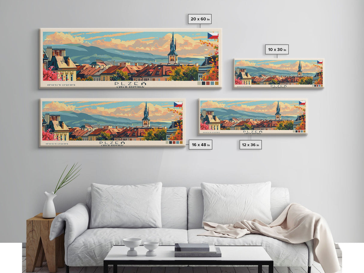 Plzen Czech Republic Wall Art, Panoramic Travel Poster, Panoramic Framed Canvas Print, City Wall Art, Wall Hanging Home Decor, Travel Art