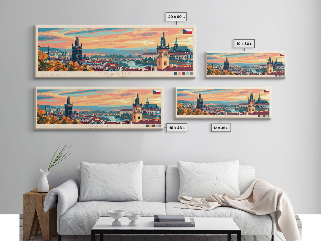 Prague Czech Republic Travel Art, City Art, Framed Canvas Print or Metal Wall Art, Europe Travel Poster, Panoramic Wall Art, Extra Wide Wall Art