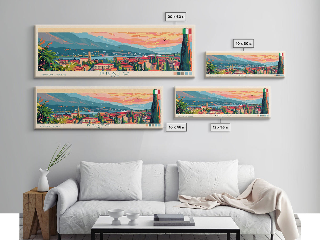 Prato Italy Panoramic Travel Poster, Framed Canvas Print or Metal Wall Art, Travel Art, Home Decor, Panoramic Painting, Midcentury Art