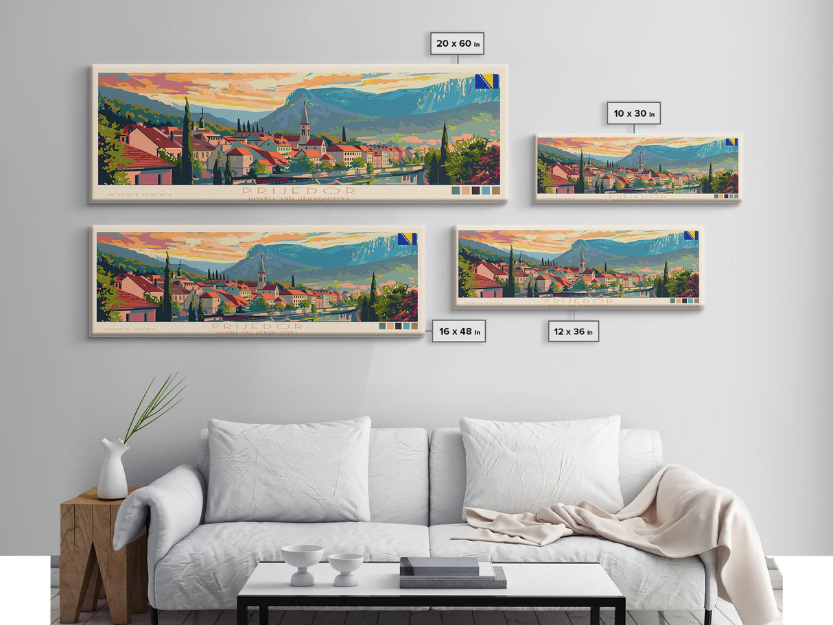 Prijedor Bosnia Travel Art, City Art, Framed Canvas Print or Metal Wall Art, Europe Travel Poster, Panoramic Wall Art, Extra Wide Wall Art