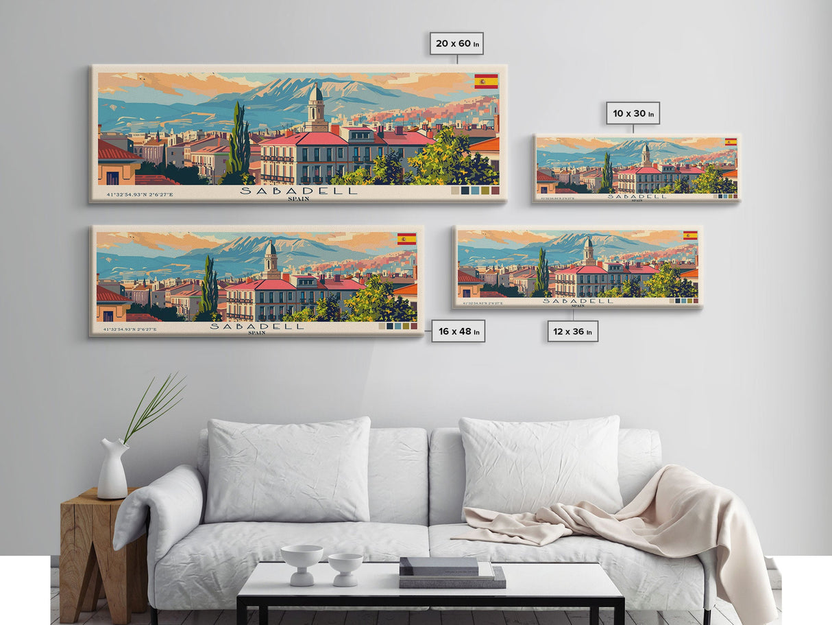 Sabadell Spain Travel Print Wall Art, Panoramic City Art, Travel Art, Wall Decor, Vacation Gift, Framed Canvas Print Or Metal Art