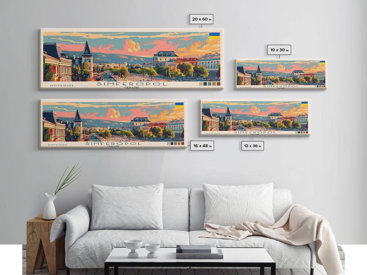 Simferopol Ukraine Panoramic Travel Poster, Framed Canvas Print or Metal Wall Art, Travel Art, Home Decor, Panoramic Painting, Midcentury Art