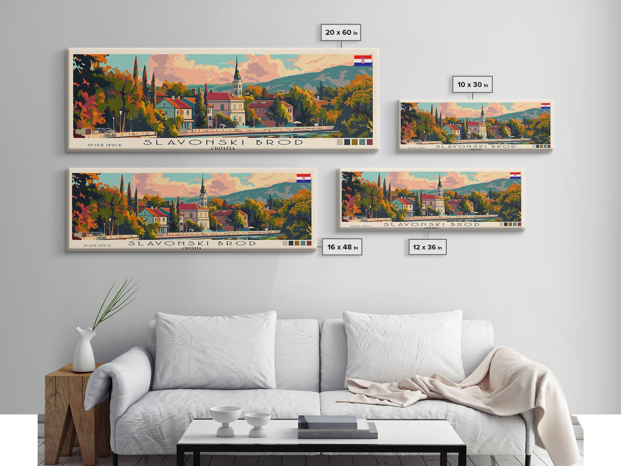 Slavonski Brod Croatia Panoramic Travel Poster, Framed Canvas Print or Metal Wall Art, Travel Art, Home Decor, Panoramic Painting, Midcentury Art