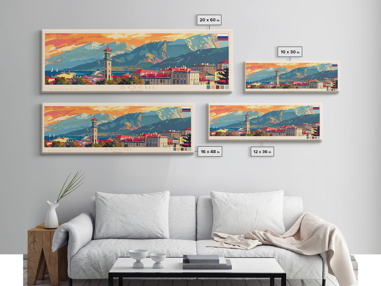 Sochi Russia Panoramic Travel Poster, Framed Canvas Print or Metal Wall Art, Travel Art, Home Decor, Panoramic Painting, Midcentury Art