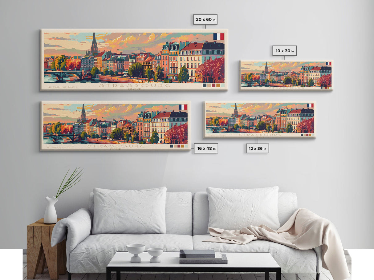 Strasbourg France Panoramic Travel Poster, Framed Canvas Print or Metal Wall Art, Travel Art, Home Decor, Panoramic Painting, Midcentury Art