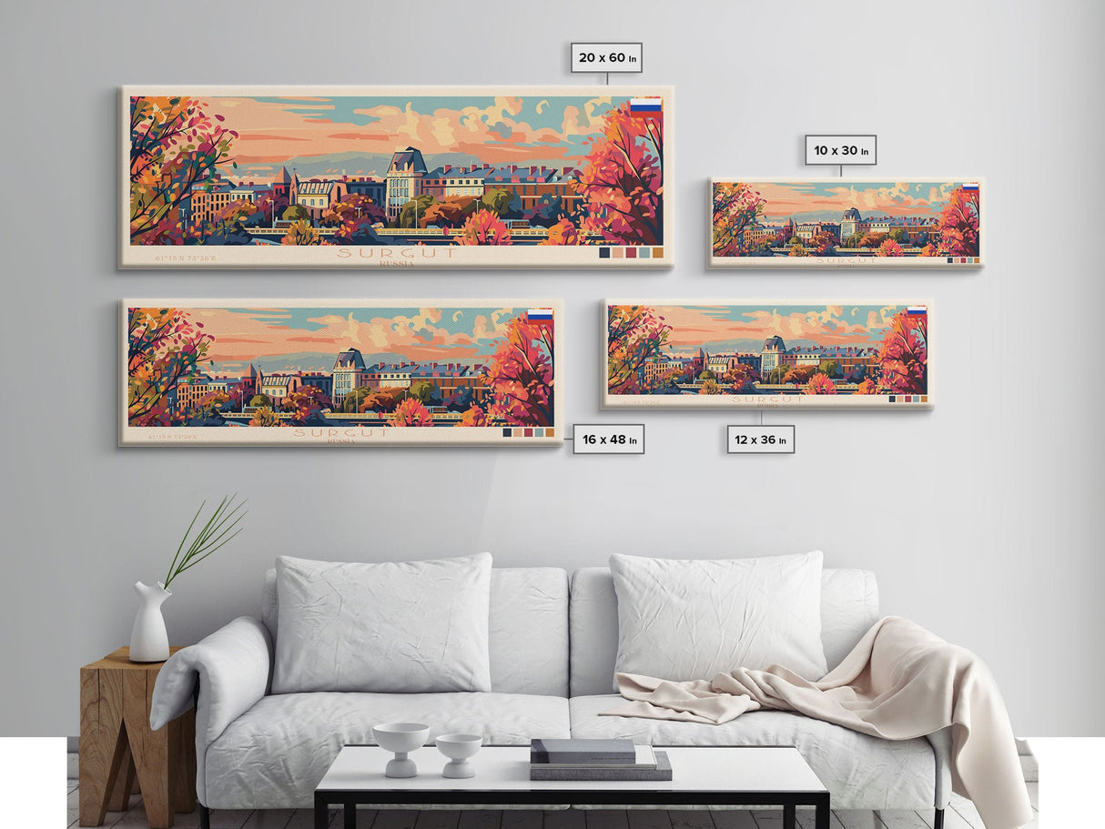 Surgut Russia Panoramic Travel Poster, Framed Canvas Print or Metal Wall Art, Travel Art, Home Decor, Panoramic Painting, Midcentury Art