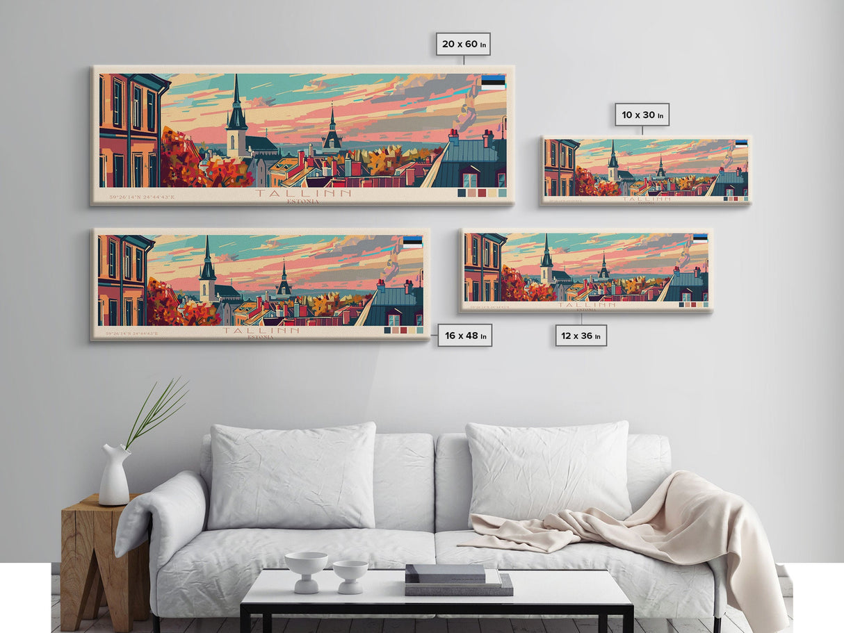 Tallinn Estonia Panoramic Travel Poster, Framed Canvas Print or Metal Wall Art, Travel Art, Home Decor, Panoramic Painting, Midcentury Art