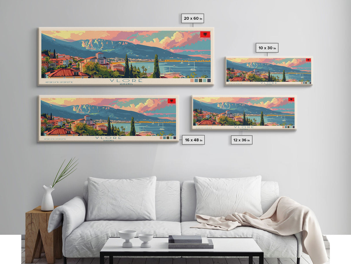 Vlore Albania Travel Art, City Art, Framed Canvas Print or Metal Wall Art, Europe Travel Poster, Panoramic Wall Art, Extra Wide Wall Art