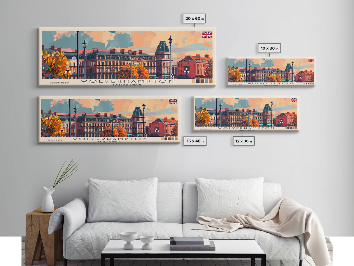 Wolverhampton United Kingdom Panoramic Travel Poster, Framed Canvas Print or Metal Wall Art, Travel Art, Home Decor, Panoramic Painting, Midcentury Art