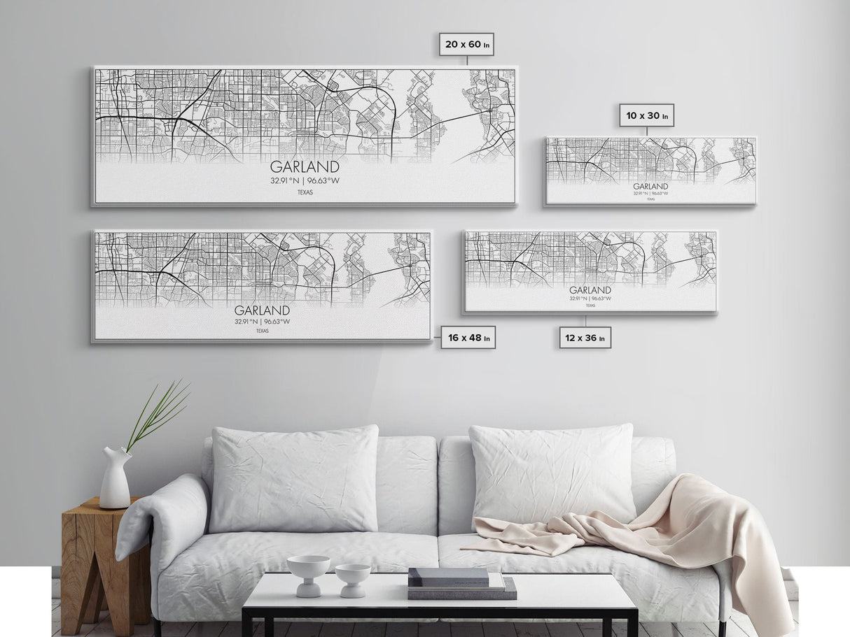 Panoramic Garland City Map, Texas Art, Map Print, Minimalist Wall Art, Canvas Art, Housewarming Gift, Street Map Art, Closing Gift