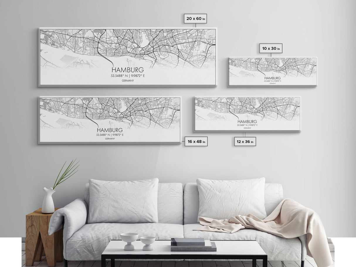 Panoramic Hamburg City Map, Germany Art, Map Print, Minimalist Wall Art, Canvas Art, Housewarming Gift, Street Map Art, Closing Gift