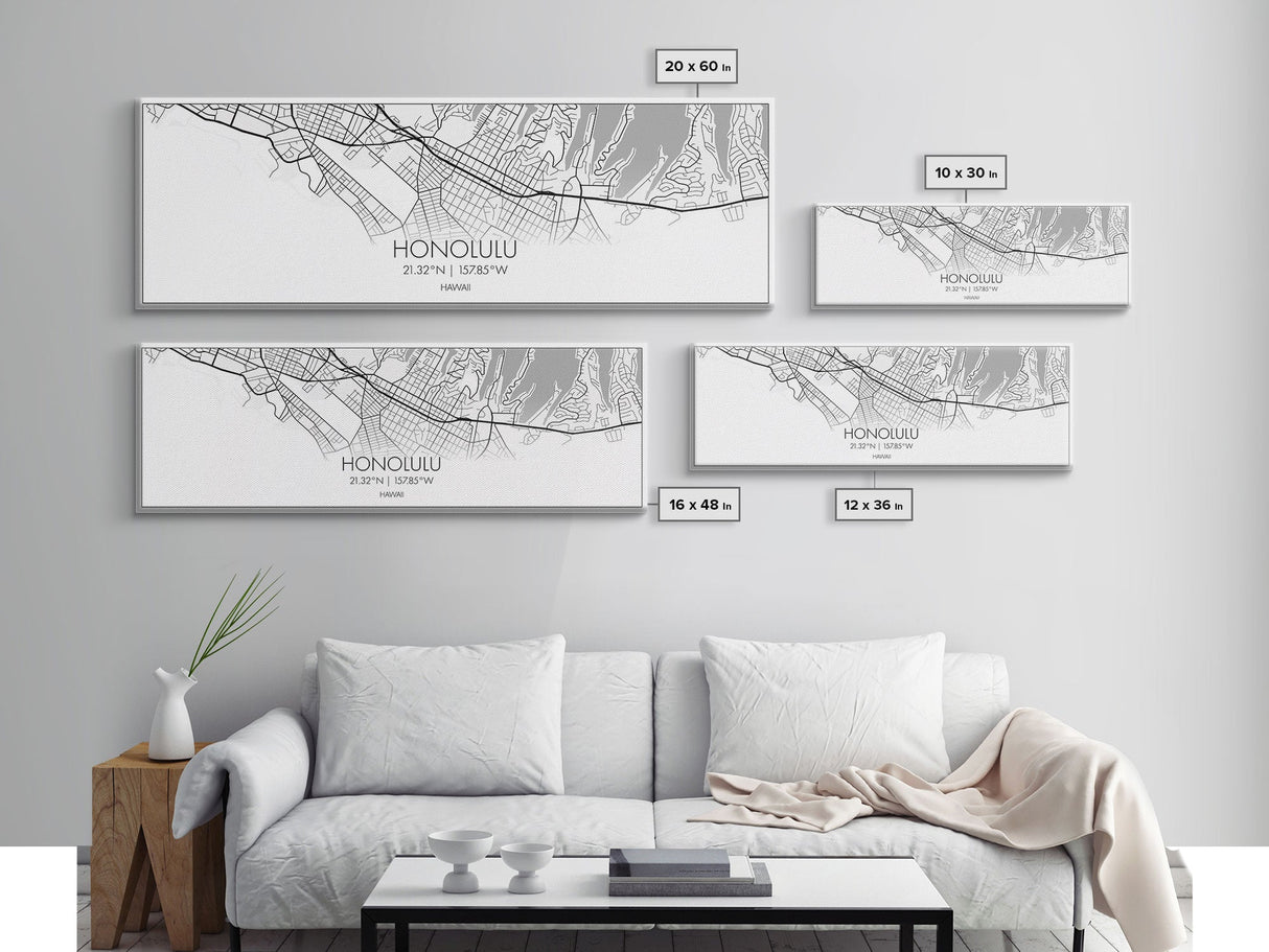 Panoramic Honolulu City Map, Hawaii Art, Map Print, Minimalist Wall Art, Canvas Art, Housewarming Gift, Street Map Art, Closing Gift