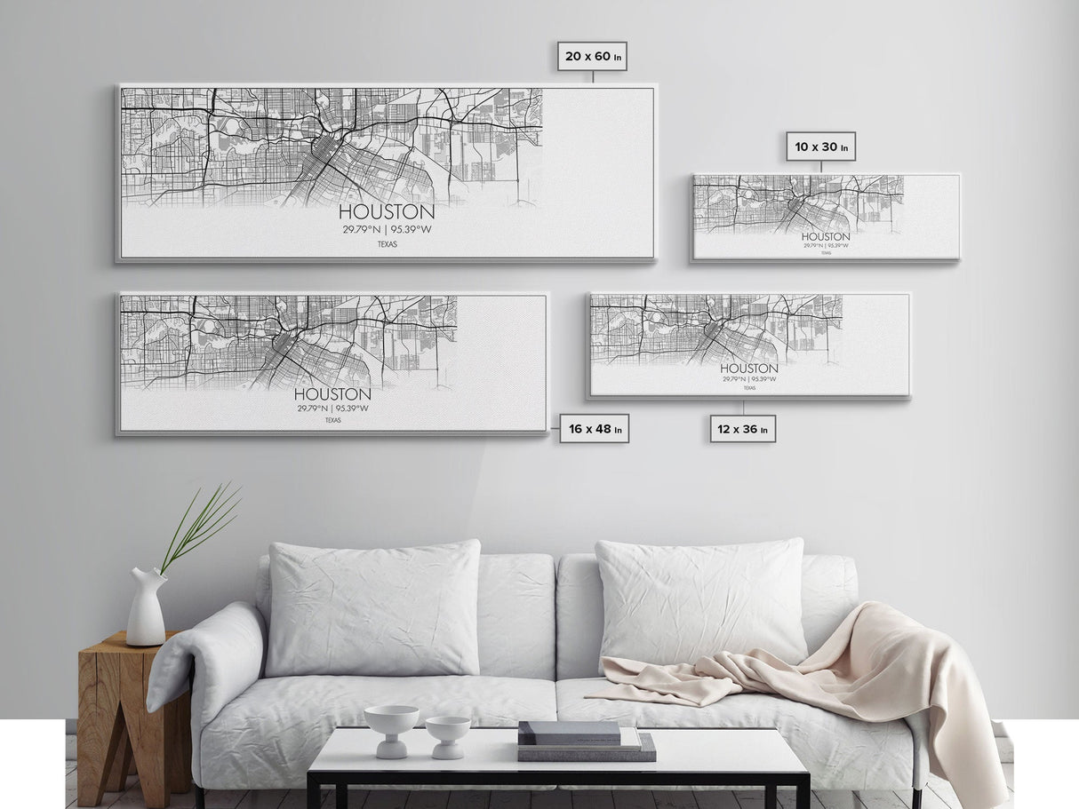 Panoramic Houston City Map, Texas Art, Map Print, Minimalist Wall Art, Canvas Art, Housewarming Gift, Street Map Art, Closing Gift