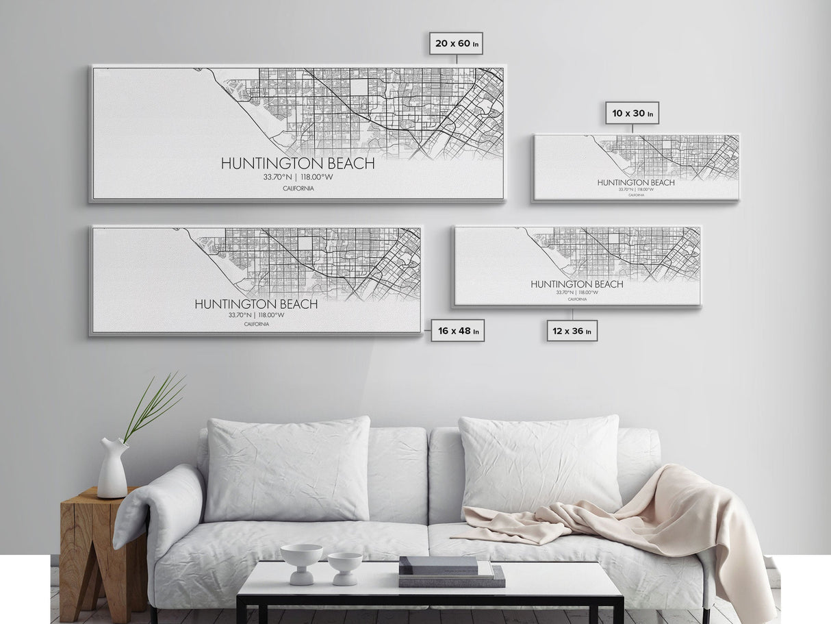 Panoramic Huntington Beach City Map, California Art, Map Print, Minimalist Wall Art, Canvas Art, Housewarming Gift, Street Map, Closing Gift